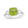 Thumbnail Image 1 of 8.0mm Cushion-Cut Peridot and White Lab-Created Sapphire Three Stone Ring in 10K White Gold