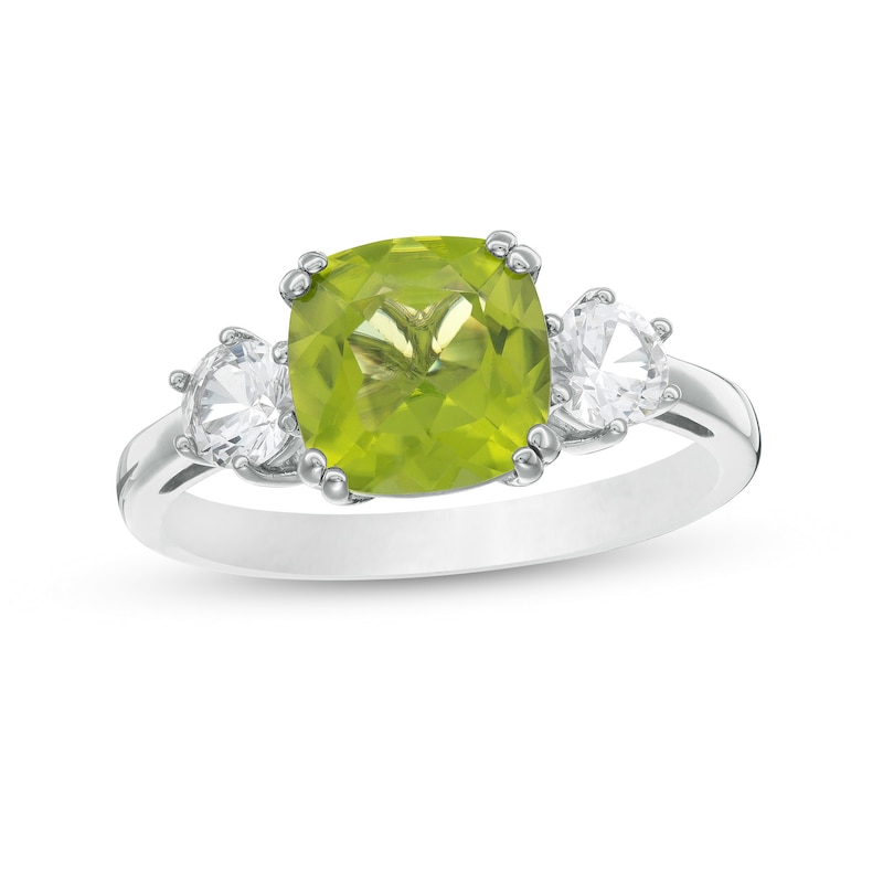 8.0mm Cushion-Cut Peridot and White Lab-Created Sapphire Three Stone Ring in 10K White Gold|Peoples Jewellers