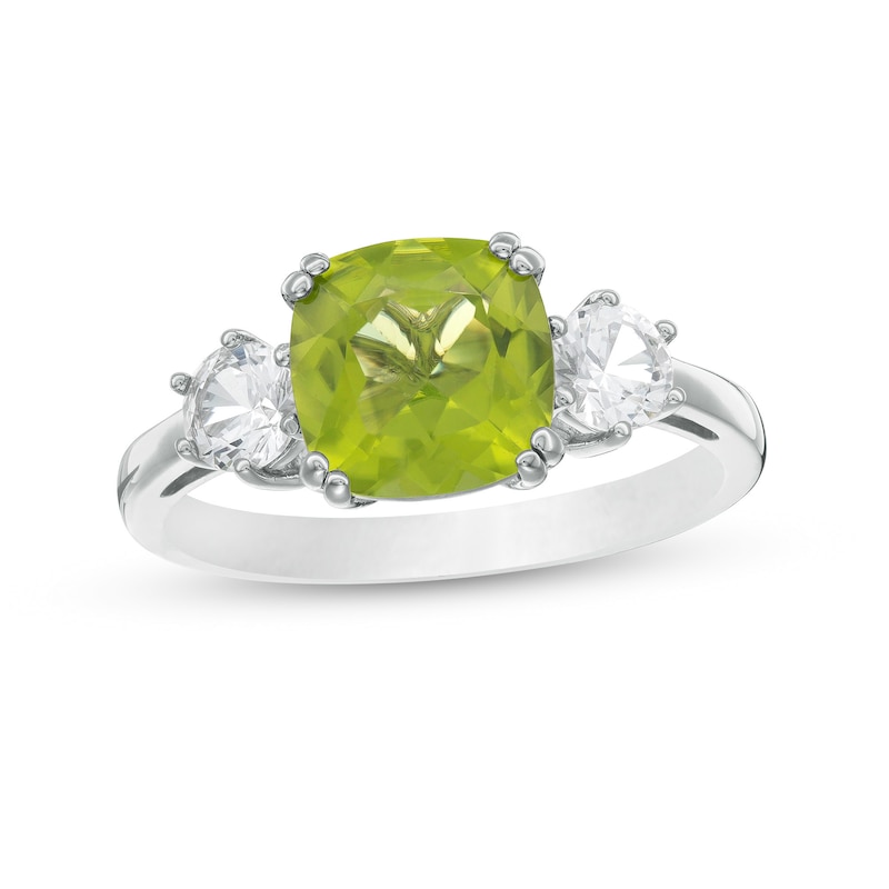 Main Image 1 of 8.0mm Cushion-Cut Peridot and White Lab-Created Sapphire Three Stone Ring in 10K White Gold
