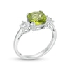 Thumbnail Image 3 of 8.0mm Cushion-Cut Peridot and White Lab-Created Sapphire Three Stone Ring in 10K White Gold