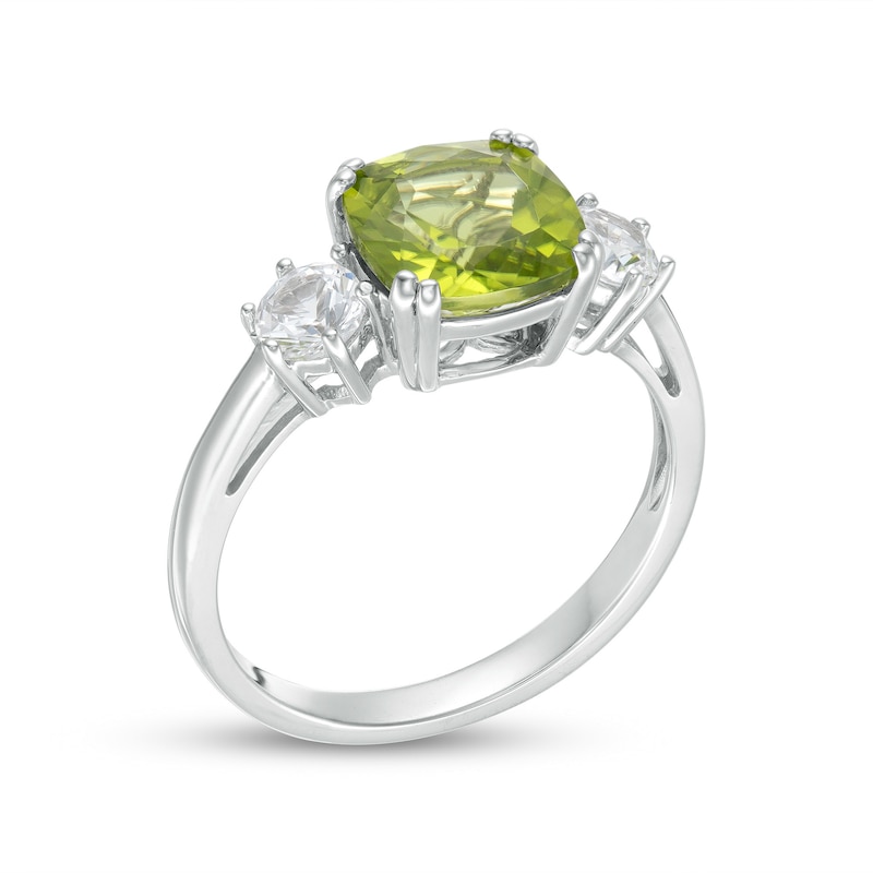 Main Image 3 of 8.0mm Cushion-Cut Peridot and White Lab-Created Sapphire Three Stone Ring in 10K White Gold