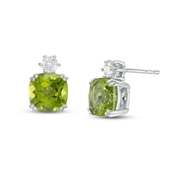 7.0mm Cushion-Cut Peridot and White Lab-Created Sapphire Accent Stud Earrings in 10K White Gold