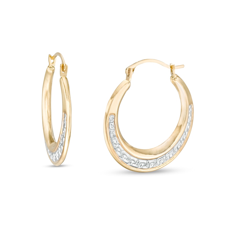 Greek Key Graduated Tube Hoop Earrings in 14K Two-Tone Gold|Peoples Jewellers