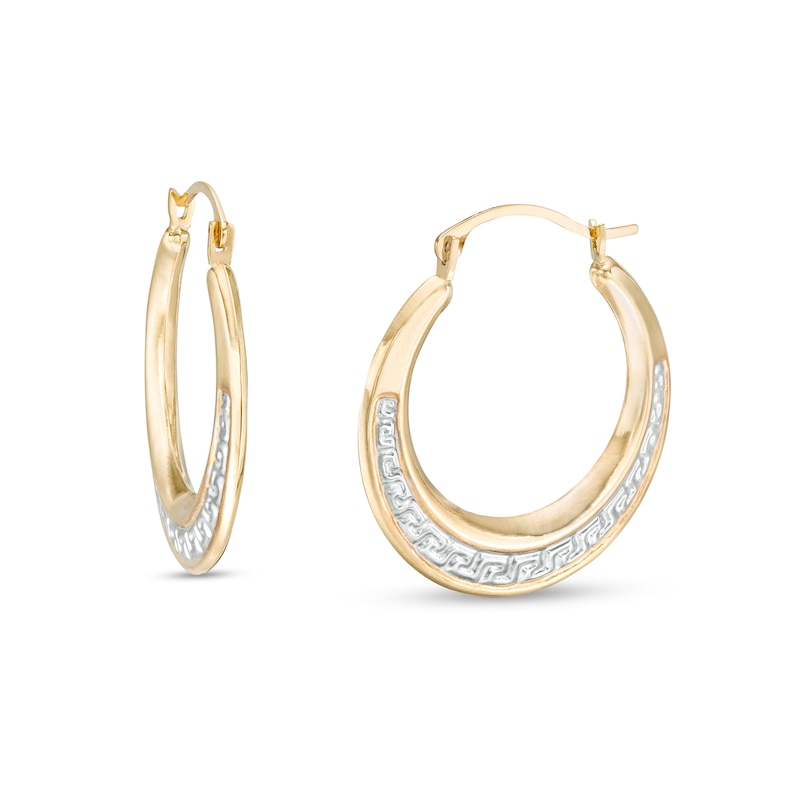 Greek Key Graduated Tube Hoop Earrings in 14K Two-Tone Gold | Peoples ...