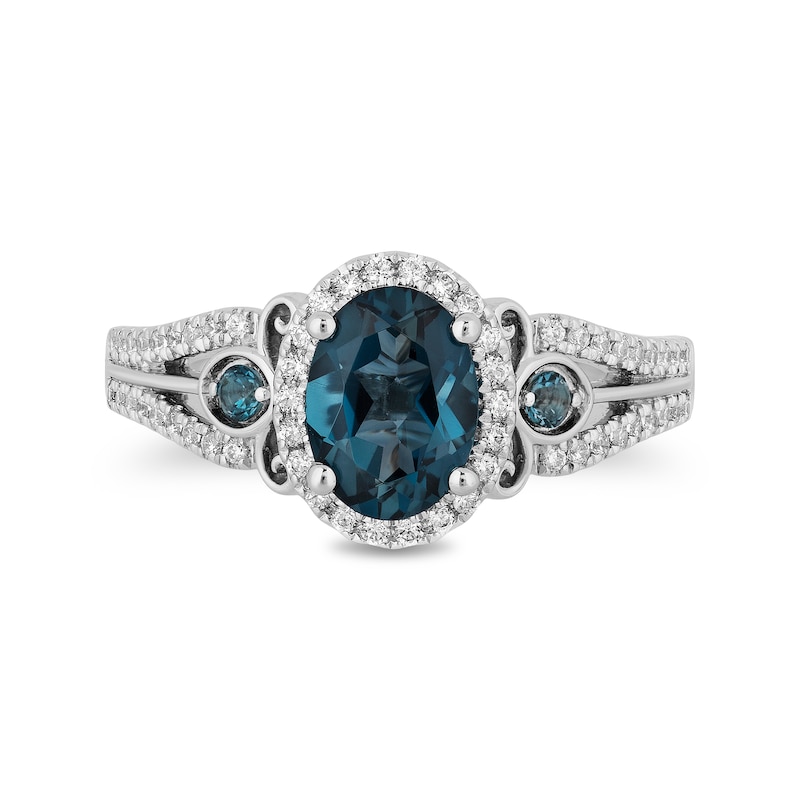 Main Image 4 of Enchanted Disney Cinderella Oval London Blue Topaz and 0.29 CT. T.W. Diamond Frame Engagement Ring in 14K White Gold