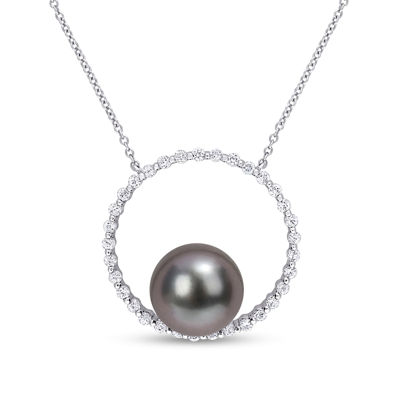 9.5-10.0mm Black Cultured Tahitian Pearl and White Sapphire Circle Necklace in 10K White Gold|Peoples Jewellers