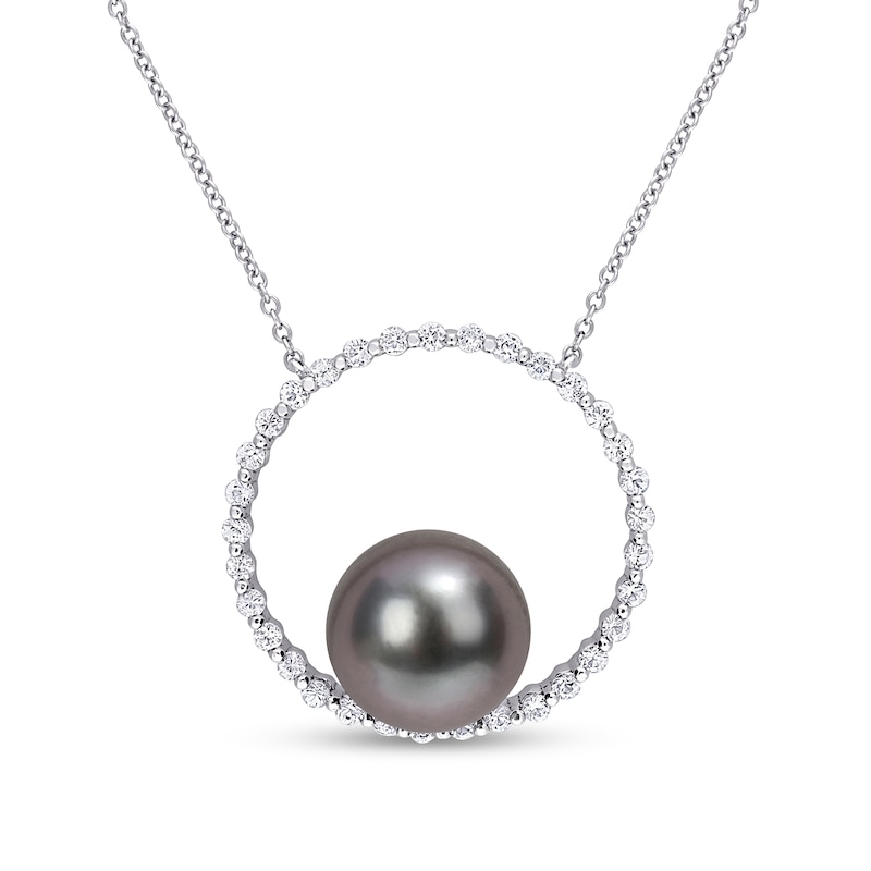 9.5-10.0mm Black Tahitian Cultured Pearl and White Sapphire Circle Necklace in 10K White Gold