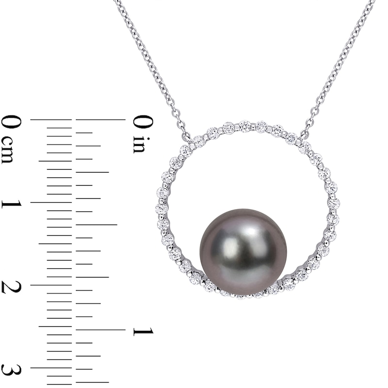 9.5-10.0mm Black Tahitian Cultured Pearl and White Sapphire Circle Necklace in 10K White Gold