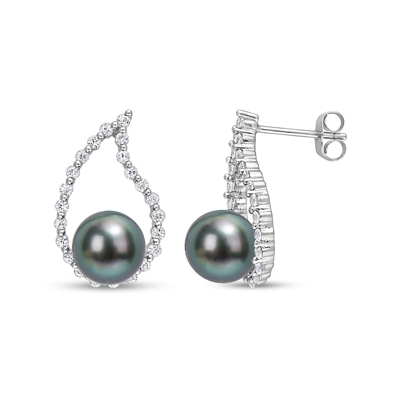 8.0-8.5mm Black Cultured Tahitian Pearl and White Sapphire Teardrop Earrings in 10K White Gold|Peoples Jewellers