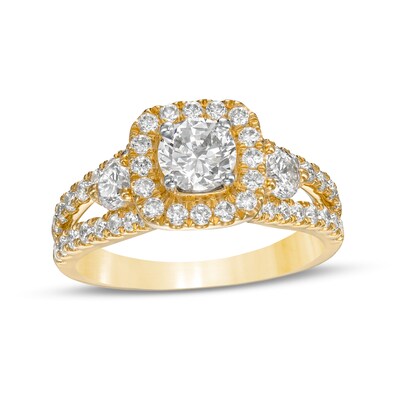 Celebration Ideal 1.58 CT. T.W. Certified Diamond Cushion-Shaped Frame Split Shank Engagement Ring in 14K Gold