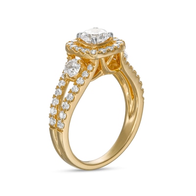 Celebration Ideal 1.58 CT. T.W. Certified Diamond Cushion-Shaped Frame Split Shank Engagement Ring in 14K Gold