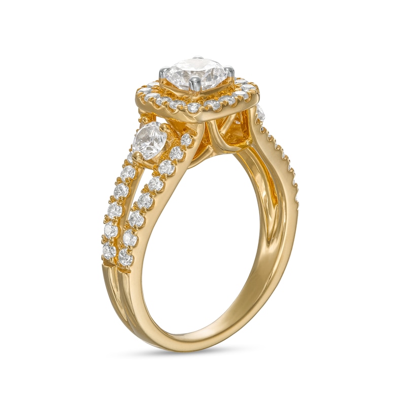 Celebration Ideal 1.58 CT. T.W. Certified Diamond Cushion-Shaped Frame Split Shank Engagement Ring in 14K Gold