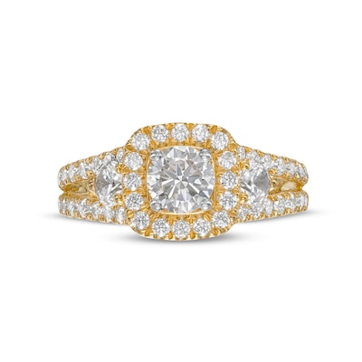Celebration Ideal 1.58 CT. T.W. Certified Diamond Cushion-Shaped Frame Split Shank Engagement Ring in 14K Gold