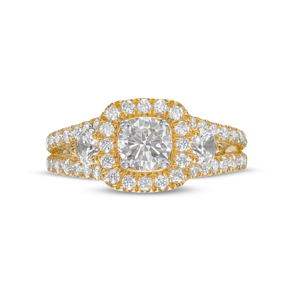 Celebration Ideal 1.58 CT. T.W. Certified Diamond Cushion-Shaped Frame Split Shank Engagement Ring in 14K Gold
