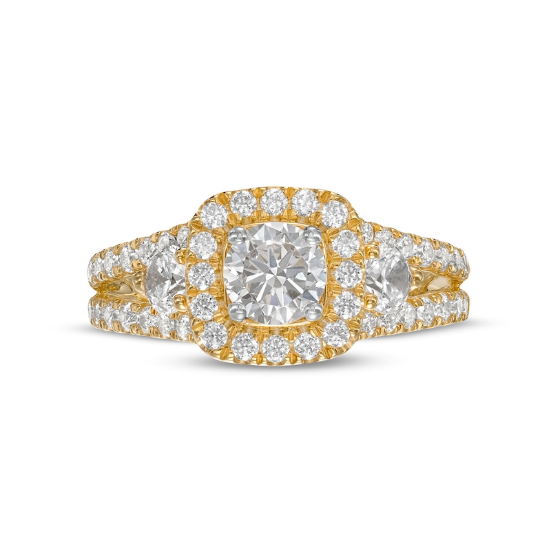 Celebration Ideal 1.58 CT. T.W. Certified Diamond Cushion-Shaped Frame Split Shank Engagement Ring in 14K Gold