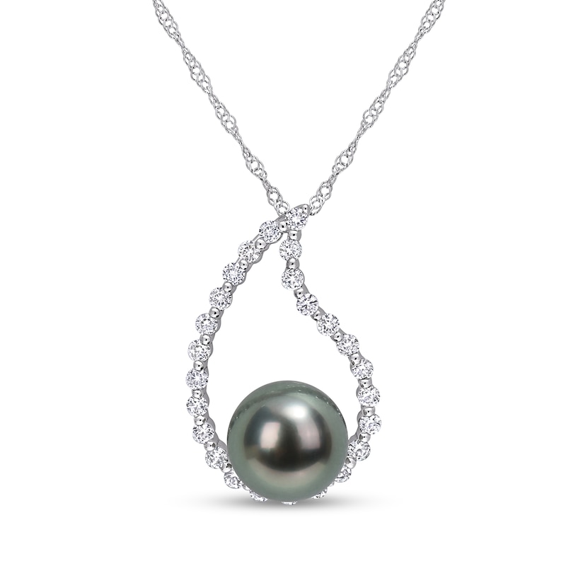 8.0-8.5mm Black Cultured Tahitian Pearl and White Sapphire Teardrop Pendant in 10K White Gold|Peoples Jewellers