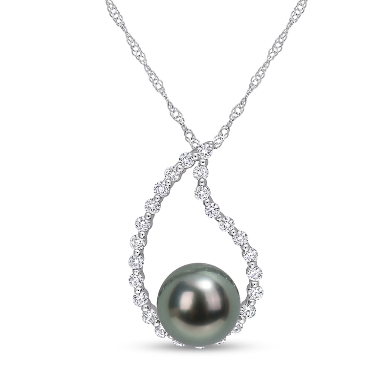 8.0-8.5mm Black Tahitian Cultured Pearl and White Sapphire Teardrop Pendant in 10K White Gold