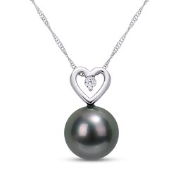 9.5-10.0mm Black Tahitian Cultured Pearl and 0.05 CT. T.W. Diamond Heart Pendant in 10K White Gold