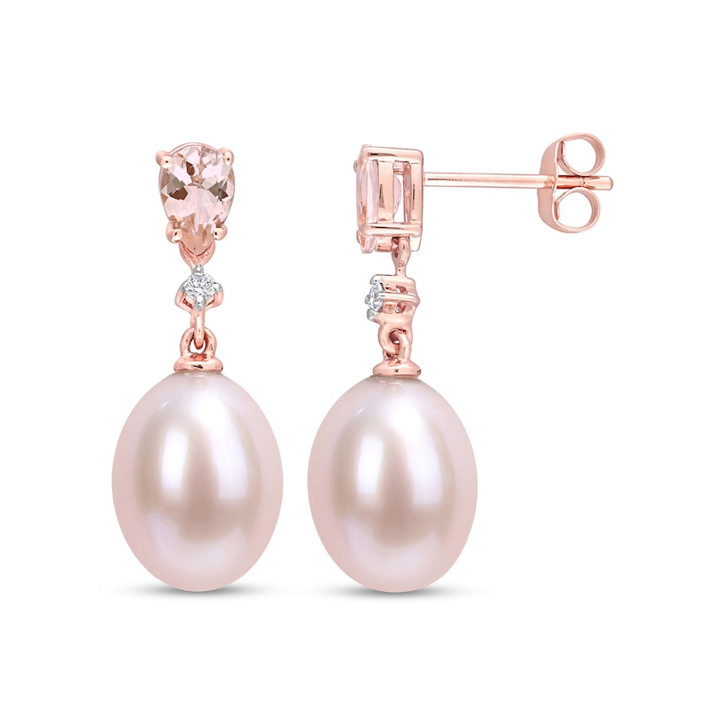 9.0-9.5mm Pink Oval Cultured Freshwater Pearl, Morganite and 0.04 CT. T.W. Diamond Drop Earrings in 10K Rose Gold|Peoples Jewellers