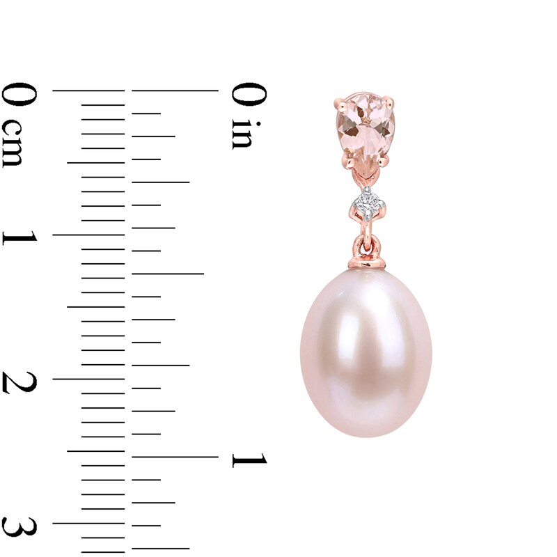 Main Image 3 of 9.0-9.5mm Pink Oval Freshwater Cultured Pearl, Morganite and 0.04 CT. T.W. Diamond Drop Earrings in 10K Rose Gold