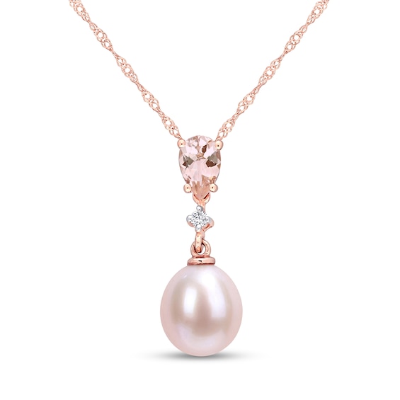 9.0-9.5mm Pink Oval Freshwater Cultured Pearl, Morganite and Diamond Accent Drop Pendant in 10K Rose Gold