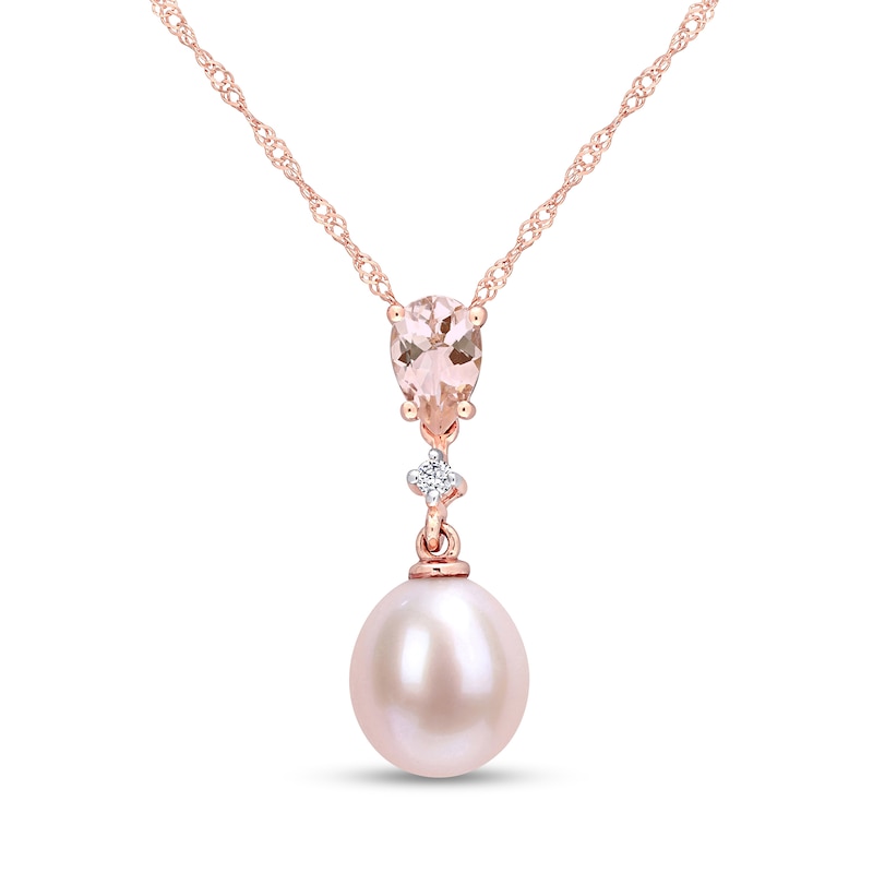 Main Image 1 of 9.0-9.5mm Pink Oval Freshwater Cultured Pearl, Morganite and Diamond Accent Drop Pendant in 10K Rose Gold