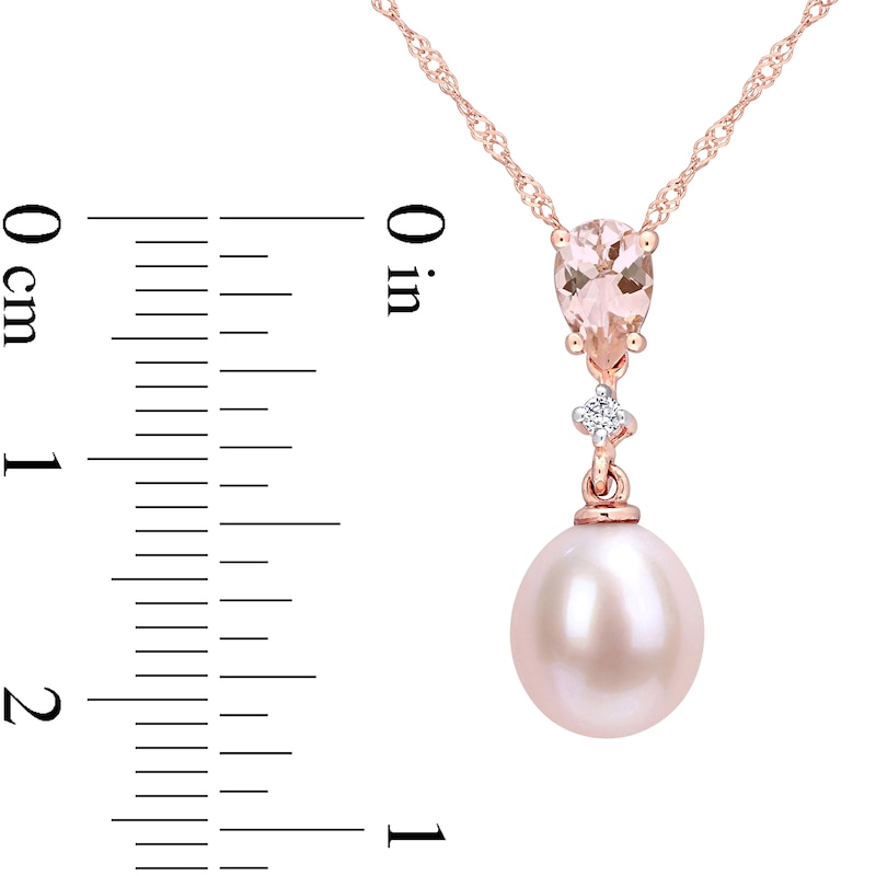 Main Image 3 of 9.0-9.5mm Pink Oval Freshwater Cultured Pearl, Morganite and Diamond Accent Drop Pendant in 10K Rose Gold