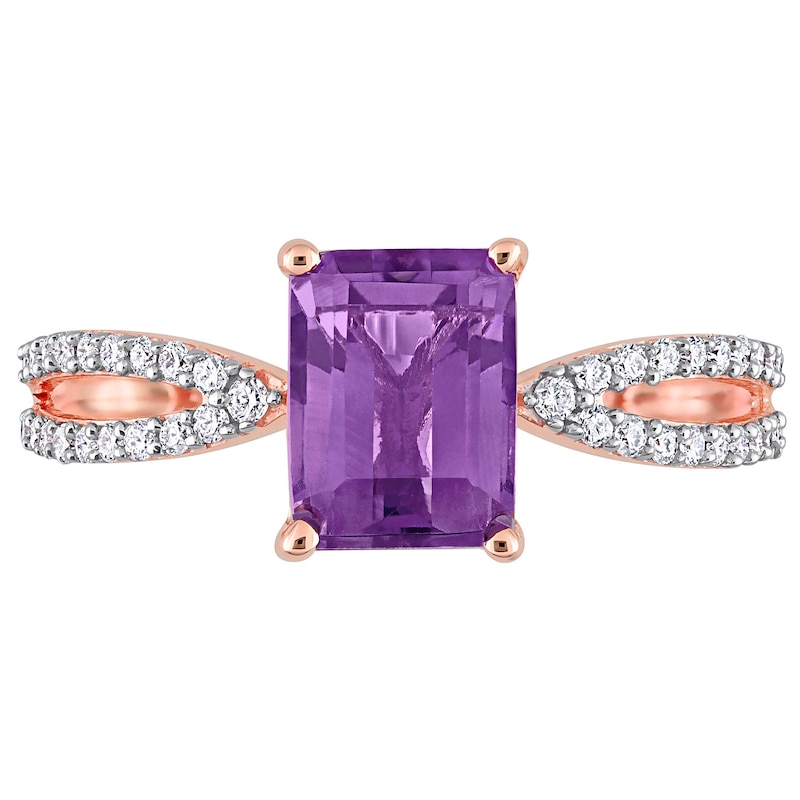 Emerald-Cut Amethyst and 0.19 CT. T.W. Diamond Tapered Split Shank Ring in 14K Rose Gold