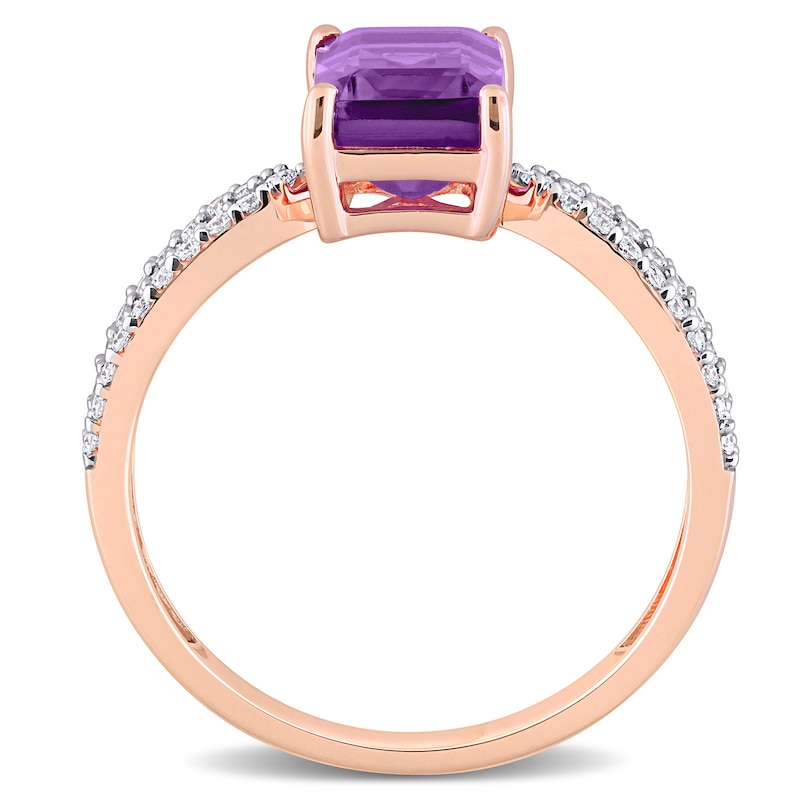 Emerald-Cut Amethyst and 0.19 CT. T.W. Diamond Tapered Split Shank Ring in 14K Rose Gold