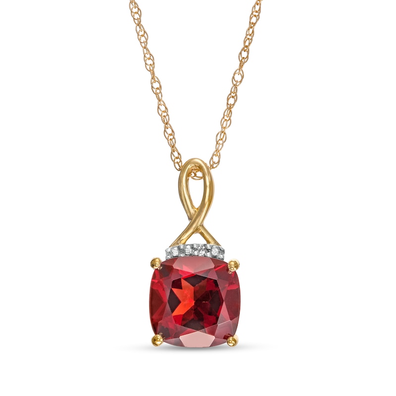 Main Image 1 of 7.0mm Cushion-Cut Garnet and Diamond Accent Tri-Top Infinity Drop Pendant in 10K Gold