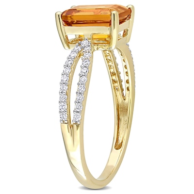 Emerald-Cut Citrine and 0.19 CT. T.W. Diamond Tapered Split Shank Ring in 14K Gold