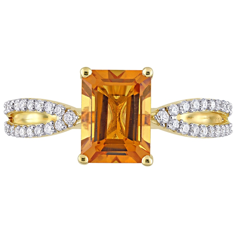 Emerald-Cut Citrine and 0.19 CT. T.W. Diamond Tapered Split Shank Ring in 14K Gold