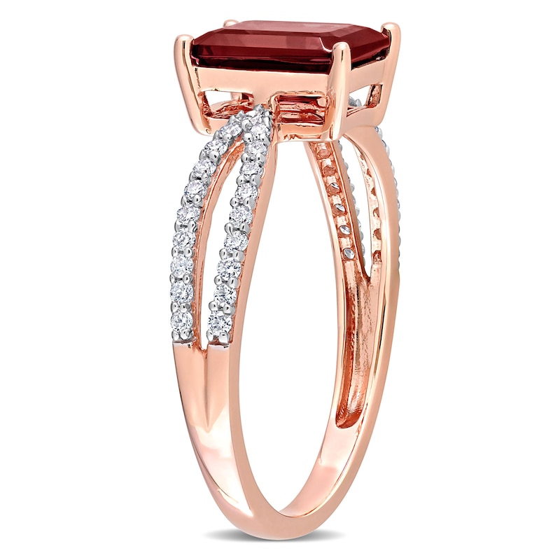 Emerald-Cut Garnet and 0.19 CT. T.W. Diamond Tapered Split Shank Ring in 14K Rose Gold