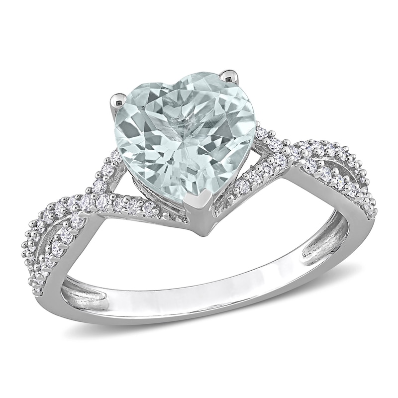 8.0mm Heart-Shaped Aquamarine and 0.20 CT. T.W. Diamond Twist Split Shank Ring in 14K White Gold