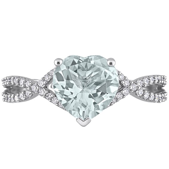 8.0mm Heart-Shaped Aquamarine and 0.20 CT. T.W. Diamond Twist Split Shank Ring in 14K White Gold