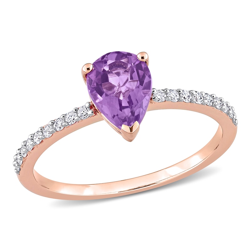 Main Image 1 of Pear-Shaped Amethyst and 0.14 CT. T.W. Diamond Ring in 14K Rose Gold