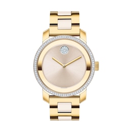 Ladies' Movado Bold® Ceramic Crystal Accent Gold-Tone IP Watch with Champagne Dial (Model: 3600785)