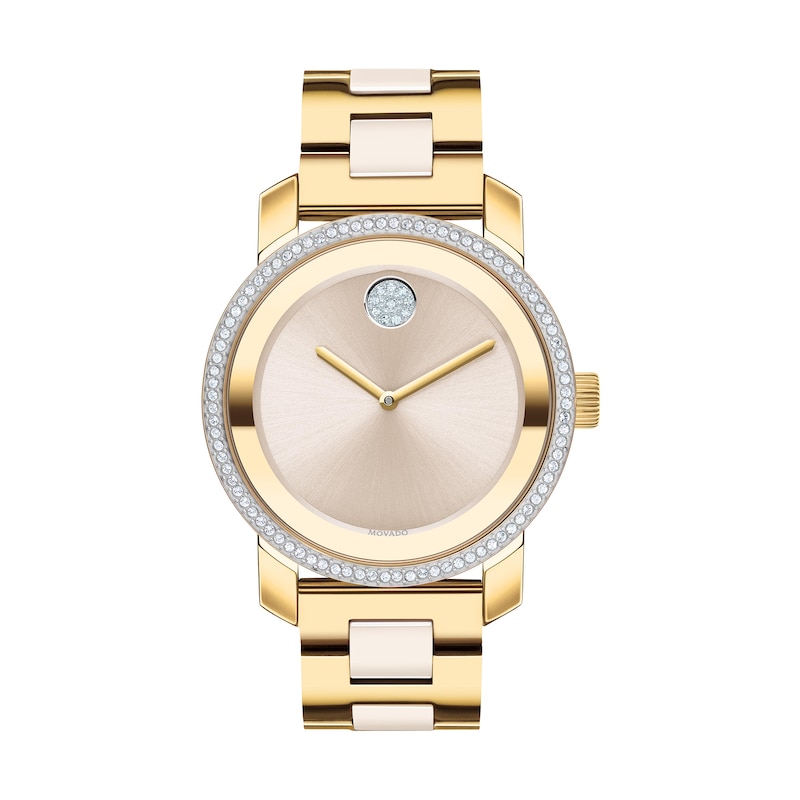 Main Image 1 of Ladies' Movado Bold® Ceramic Crystal Accent Gold-Tone IP Watch with Champagne Dial (Model: 3600785)