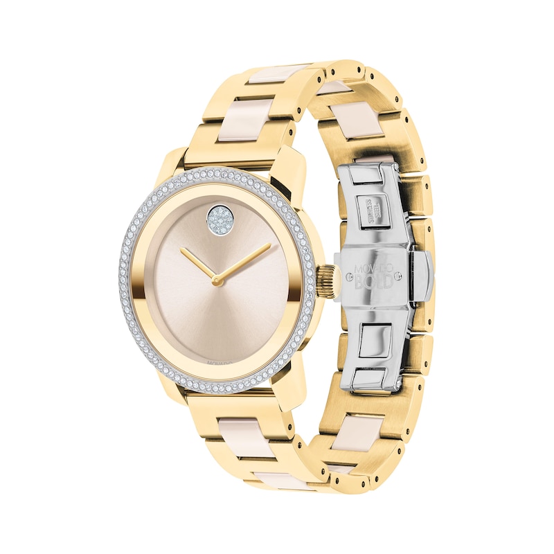 Main Image 2 of Ladies' Movado Bold® Ceramic Crystal Accent Gold-Tone IP Watch with Champagne Dial (Model: 3600785)