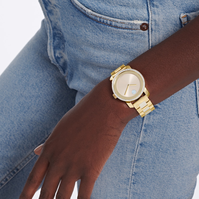 Main Image 3 of Ladies' Movado Bold® Ceramic Crystal Accent Gold-Tone IP Watch with Champagne Dial (Model: 3600785)