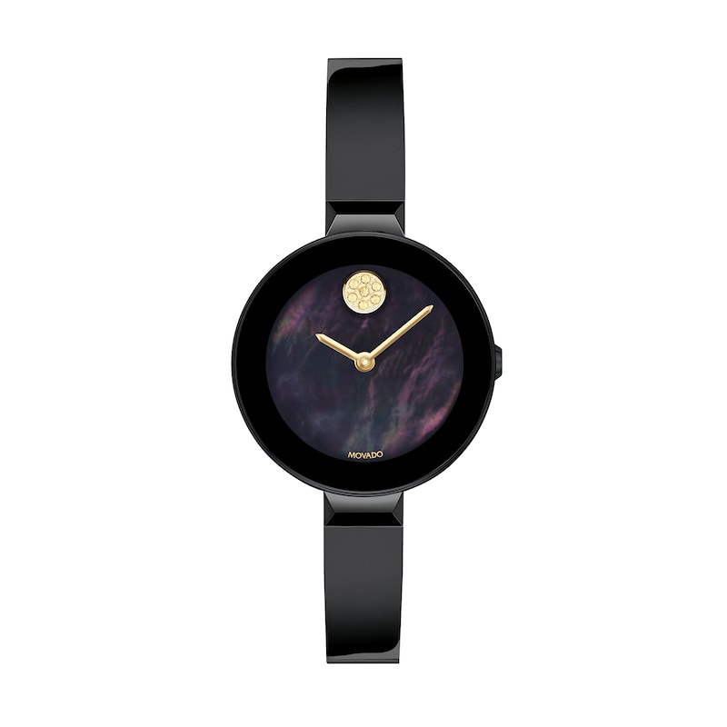 Ladies' Movado Bold® Bangle Champagne Crystal Accent Black IP Watch with Black Mother-of Pearl Dial (Model: 3600775)|Peoples Jewellers