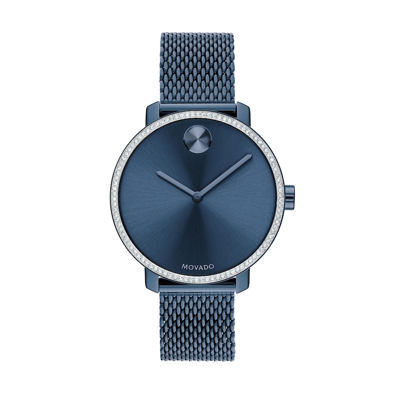 Ladies' Movado Bold® Shimmer Crystal Accent Blue IP Mesh Watch with a Blue Dial (Model: 3600780)|Peoples Jewellers