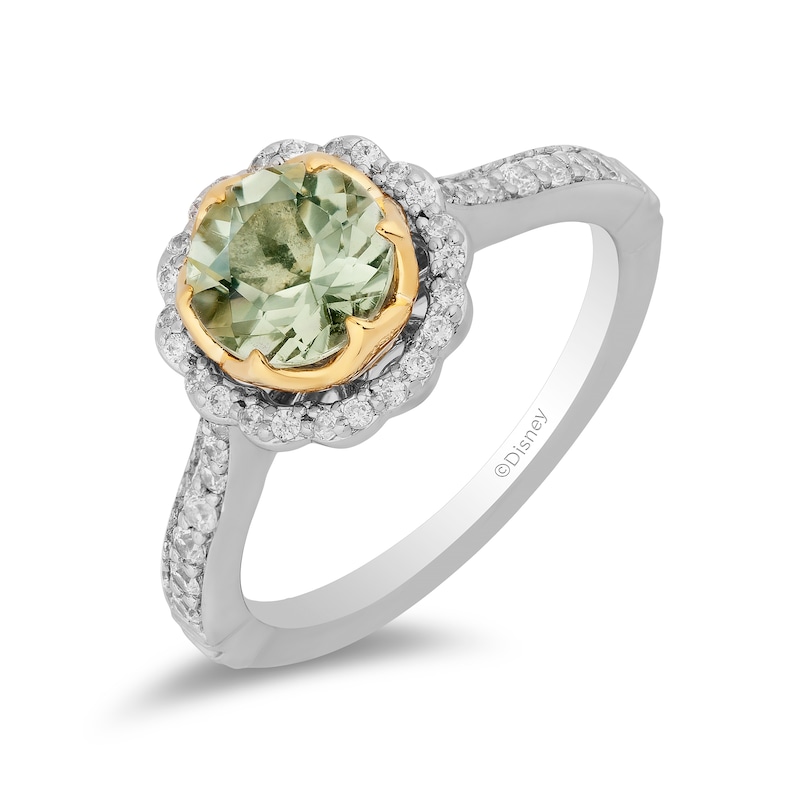 Enchanted Disney Tiana 7.0mm Green Quartz and 0.29 CT. T.W. Diamond Scallop Frame Engagement Ring in 14K Two-Tone Gold
