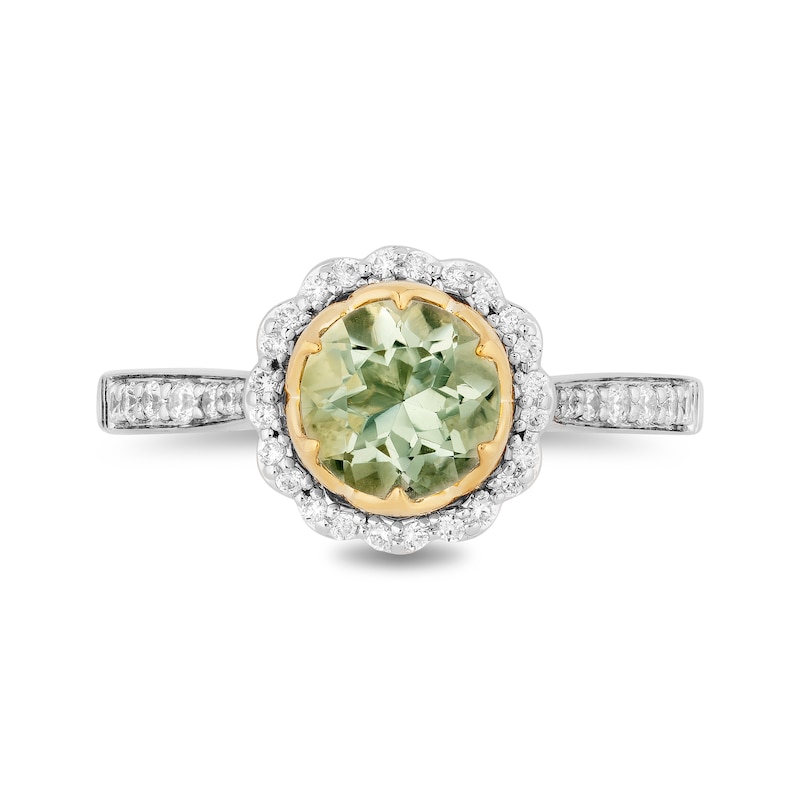 Enchanted Disney Tiana 7.0mm Green Quartz and 0.29 CT. T.W. Diamond Scallop Frame Engagement Ring in 14K Two-Tone Gold