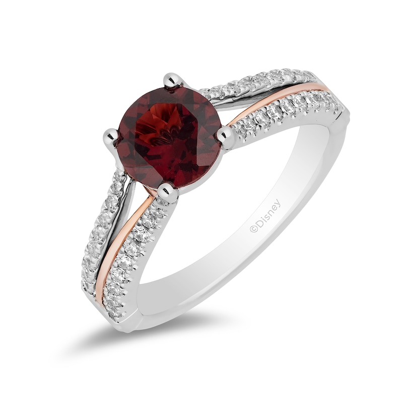 Enchanted Disney Snow White 7.0mm Garnet and 0.23 CT. T.W. Diamond Split Shank Engagement Ring in 14K Two-Tone Gold