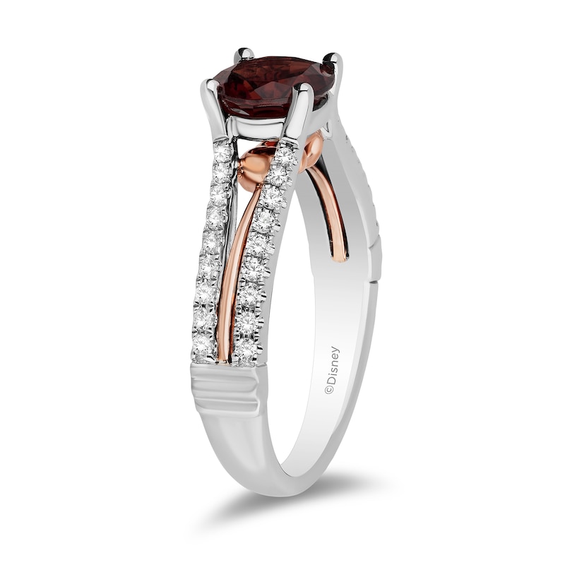 Enchanted Disney Snow White 7.0mm Garnet and 0.23 CT. T.W. Diamond Split Shank Engagement Ring in 14K Two-Tone Gold