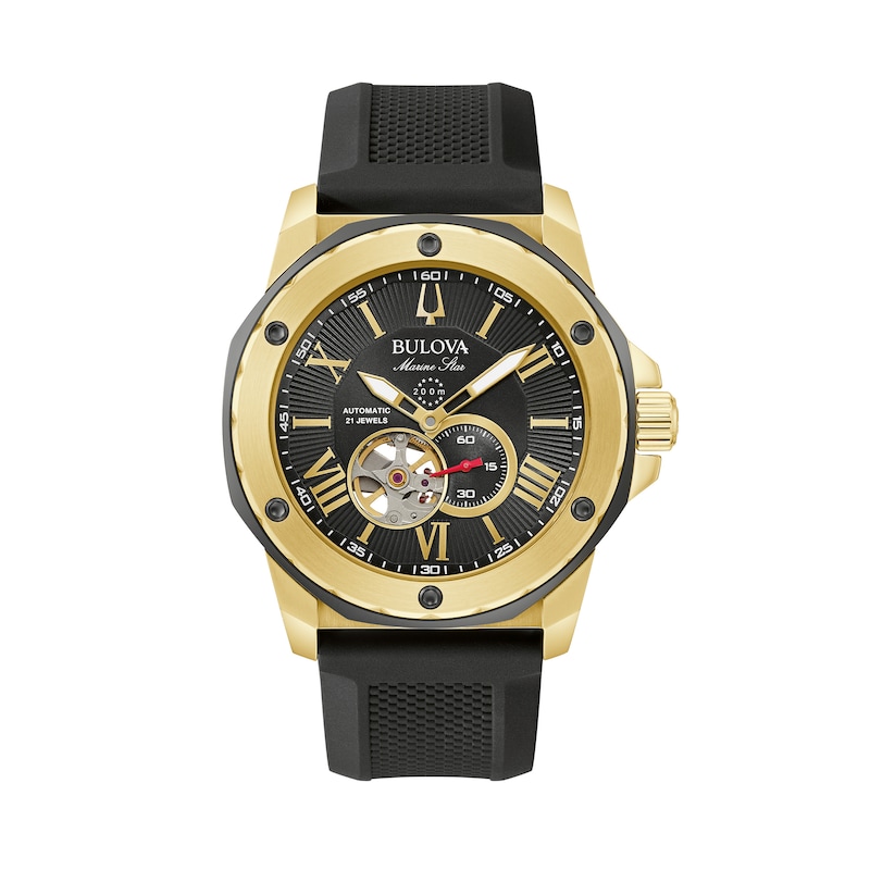 Main Image 1 of Men's Bulova Marine Star Gold-Tone Automatic Strap Watch with Black Skeleton Dial (Model: 98A272)