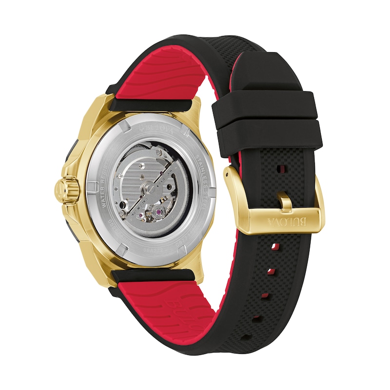 Main Image 3 of Men's Bulova Marine Star Gold-Tone Automatic Strap Watch with Black Skeleton Dial (Model: 98A272)