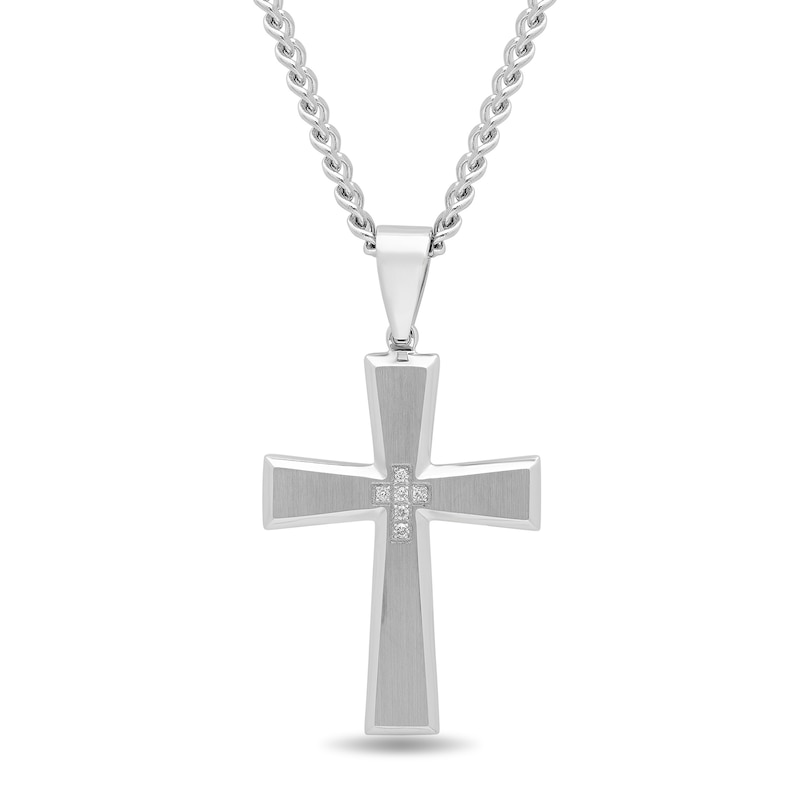 Men's 0.04 CT. T.W. Diamond Multi-Finish Bevelled Edge Cross Pendant in Stainless Steel - 24"|Peoples Jewellers