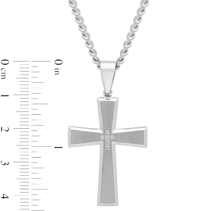 Main Image 2 of Men's 0.04 CT. T.W. Diamond Multi-Finish Bevelled Edge Cross Pendant in Stainless Steel - 24"